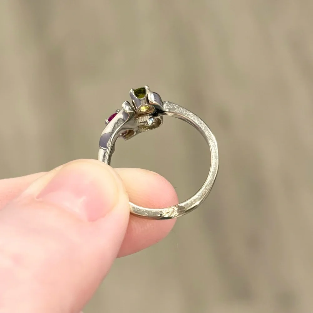 14K Rainbow Spinel red blue green gemstone cluster vintage white gold ring - Picture 9 of 12